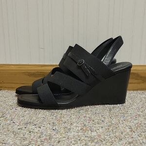 Donald Pliner Leigh Elegant Black Wedge Sandals, Leather And Fabric Upper 8.5